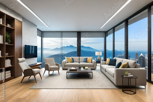 General view of luxury living room interior with armchairs, sofa and hanging basket chair.AI generated