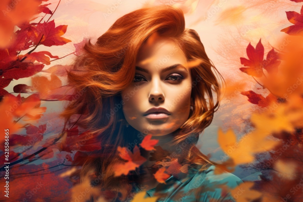 a beautiful woman with red hair in autumn leaves
