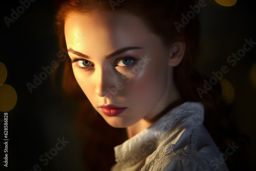 a beautiful woman with red hair and blue eyes