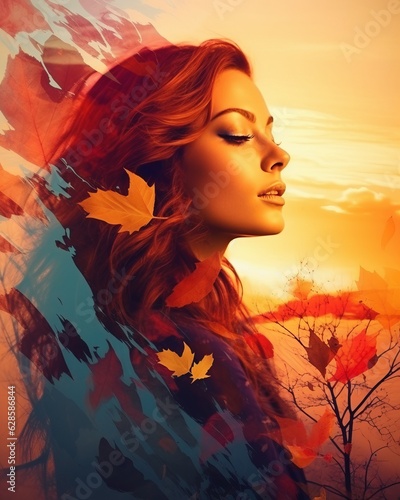a beautiful woman with red hair and autumn leaves in the background