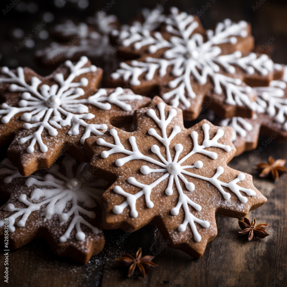 Gingerbread cookies close up. Christmas homemade gingerbread cookies on dark wooden table. Christmas banner with cookies glazed with white icing. Happy new year and happy winter holidays concept Gingerbread cookies close up. Christmas homemade gingerbread cookies on dark wooden table. Christmas banner with cookies glazed with white icing. Happy new year and happy winter holidays concept