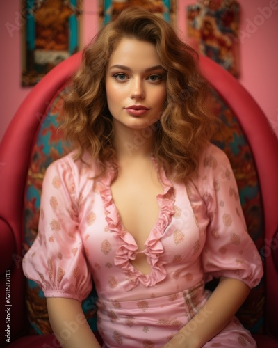 a beautiful young woman in a pink dress sitting in a chair