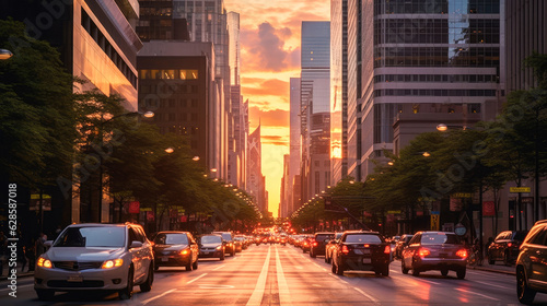 An urban scene capturing the hustle of city life at dusk with skyscrapers and city lights