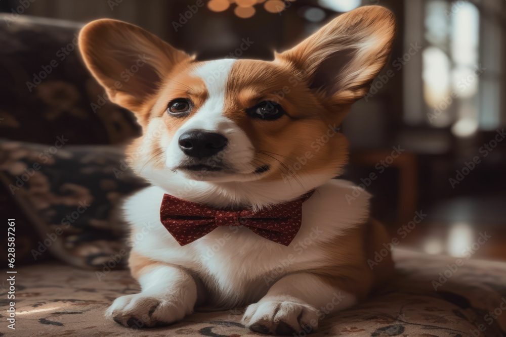 AI-generated illustration of a Corgi with a red bowtie lying on a bed and looking at the camera.