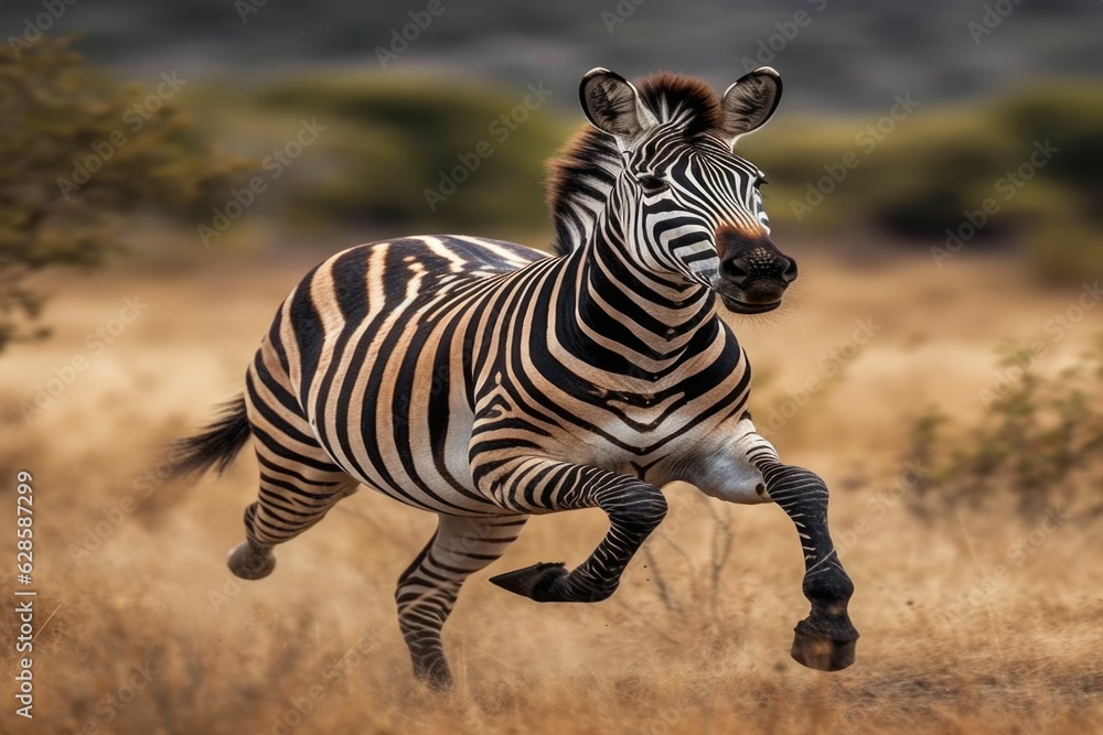 Fototapeta premium AI-generated illustration of a zebra galloping through a grassland.