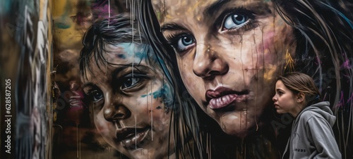 Girl in front of an outdoor mural with two females painted on the side of a building. Ai generated