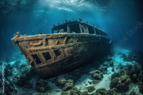 AI generated illustration of a derelict boat submerged in the ocean