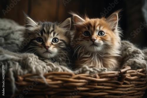 AI-generated illustration of two adorable kittens snuggled together in a wicker basket. © Encolof/Wirestock Creators