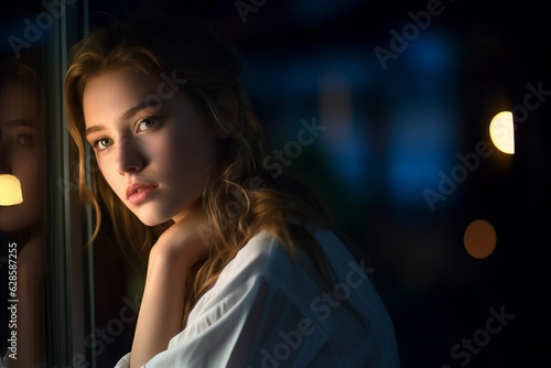 a beautiful young woman looking out the window at night