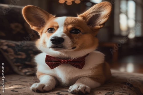 AI-generated illustration of a Corgi with a red bowtie lying on a bed and looking at the camera.