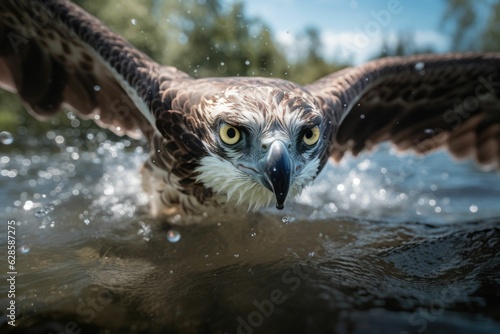 Illustration of an osprey in flight as it dives, wings spread, to capture a fish.