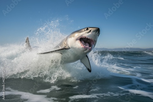 AI-generated illustration of a breaching great white shark.