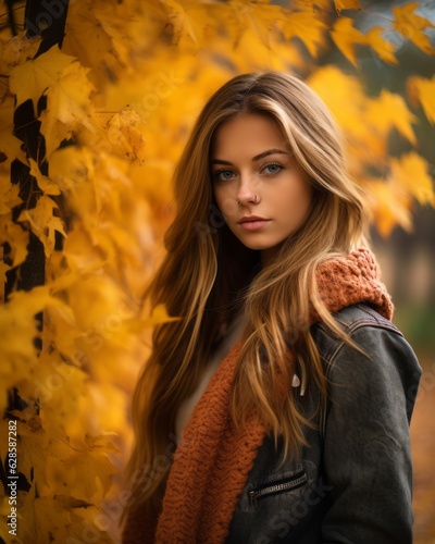 a beautiful young woman posing in front of autumn leaves
