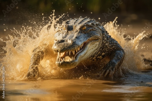AI-generated illustration of a crocodile jumping out of the water displaying its sharp teeth.