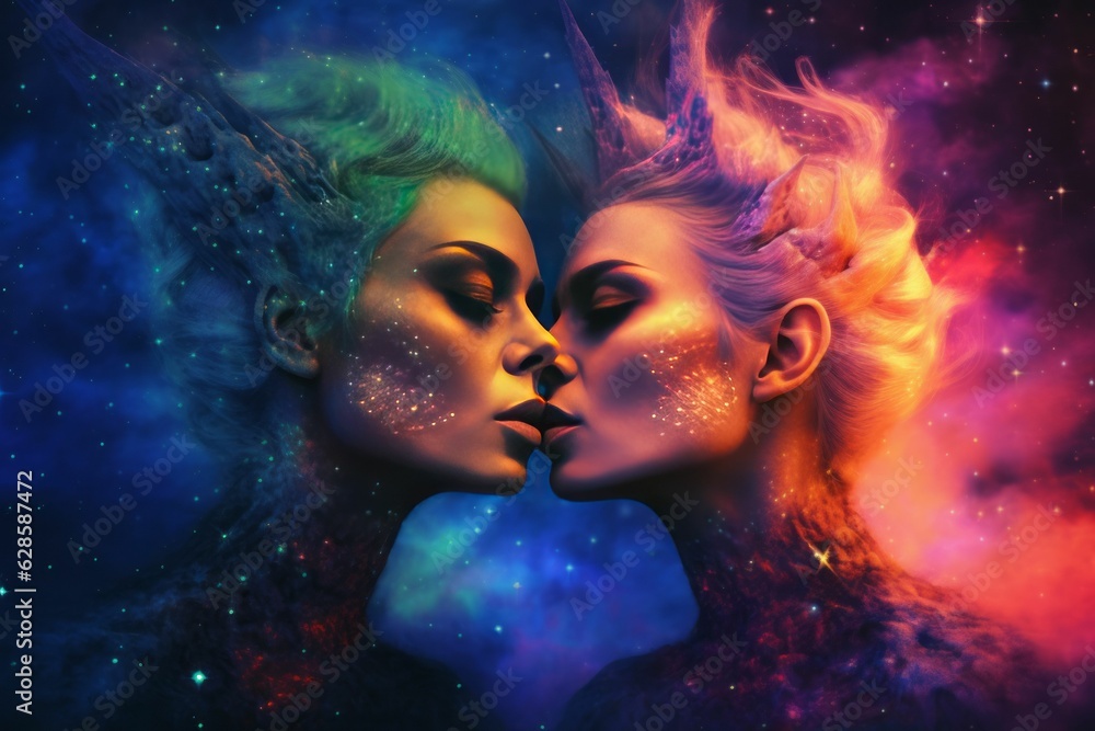 Lesbian couple in a zero-gravity environment, connecting noses in a tender expression - Ai generated