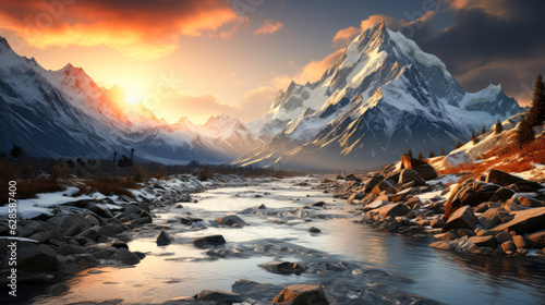 A majestic mountain range covered in snow with the sun setting behind the peaks