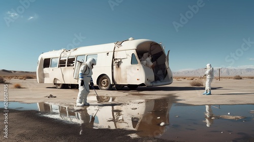 AI generated illustration of two astronauts standing in front of an abandoned bus