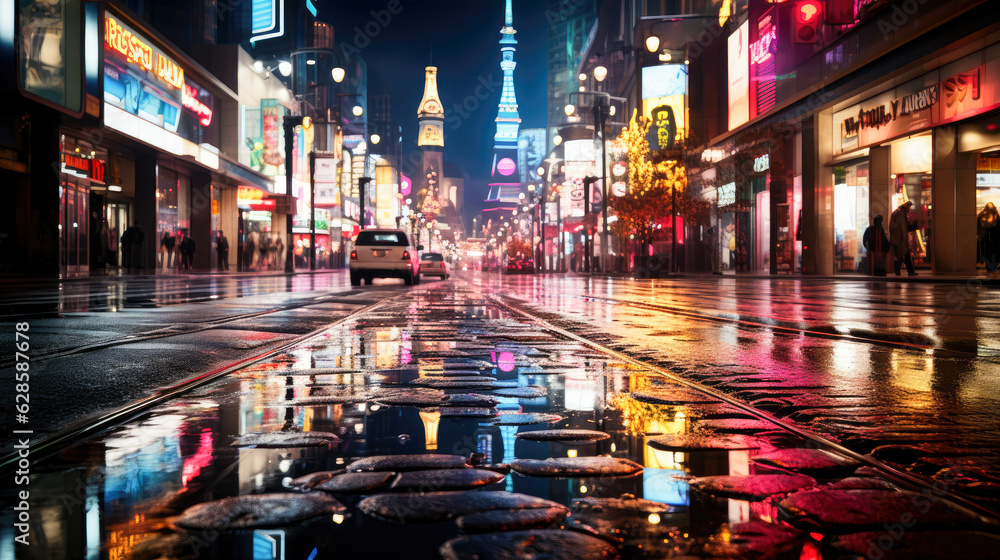 A lively city scene capturing the vibrant nightlife, illuminated streets, and bustling activity