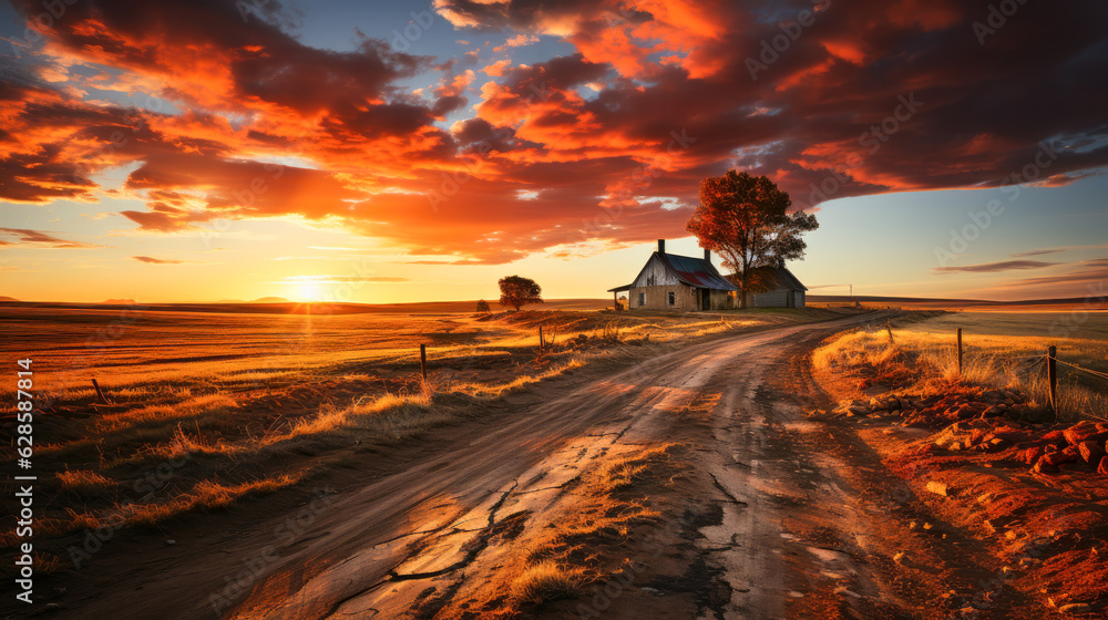 A peaceful rural scene at sunrise with a farmhouse nestled among wheat fields
