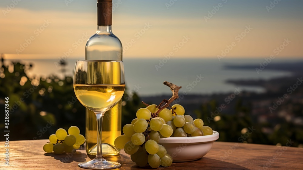AI generated illustration of a bottle of white wine, with a glass and fresh grapes on a wooden table