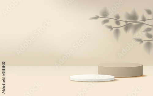 Minimal scene 3D realistic background. beige and white podium with plant shadow