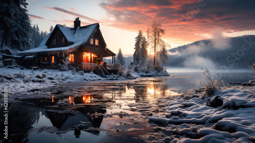 A picturesque winter landscape featuring a snow-covered forest and a cabin with a smoking chimney © apratim