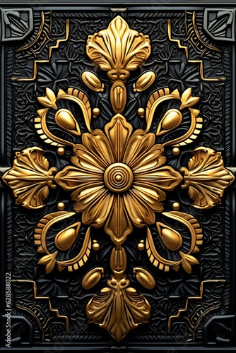 a black and gold ornate design on a black background