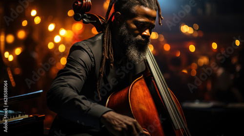Soulful Melodies: Black Man Playing Violoncello Against Magnificent Backdrop. Generative AI photo