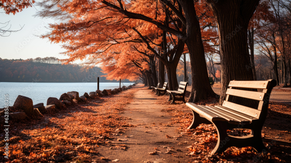 A beautiful autumn scene with a forest path covered in fallen leaves and a wooden bench overlooking the scene