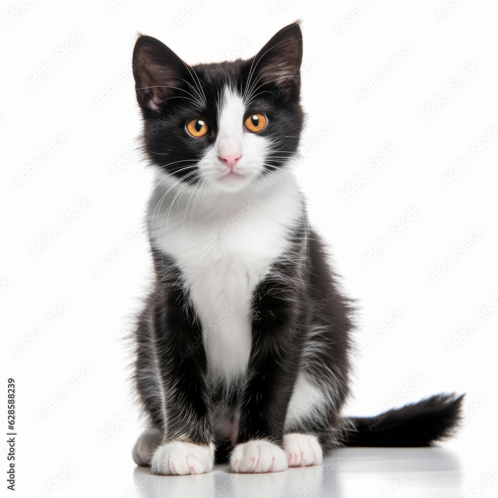 a black and white kitten sitting on a white surface a black and white kitten sitting on a white surface