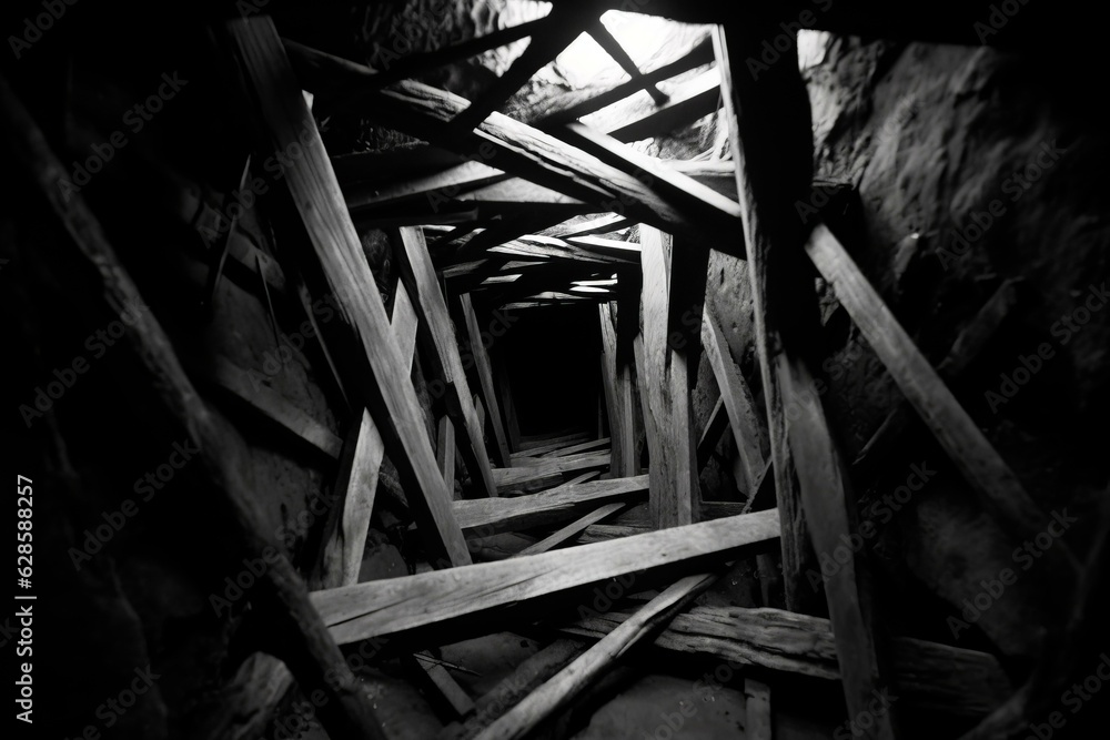 a black and white photo of a dark tunnel - obrazy, fototapety, plakaty 