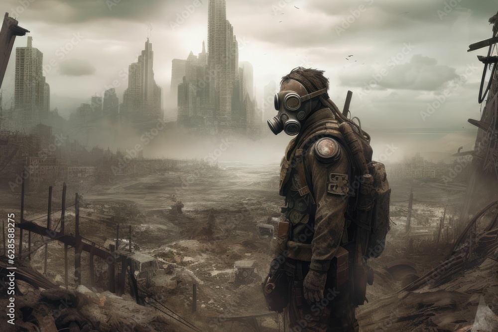 Man wearing a gas mask stands against an apocalyptic city skyline. AI-generated.