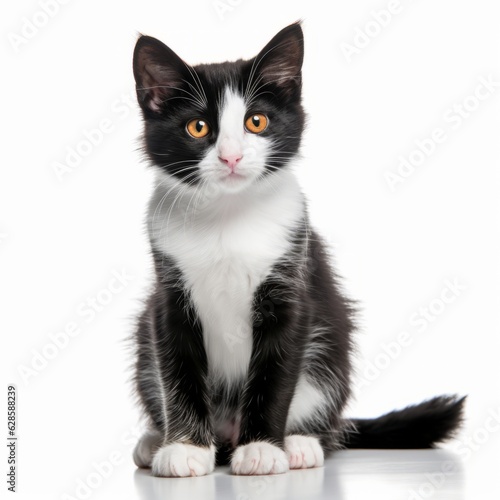 a black and white kitten sitting on a white surface