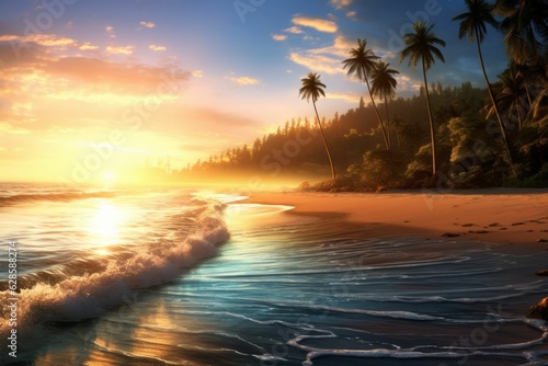 AI generated illustration of a scenic beach view featuring lush palm trees in the background
