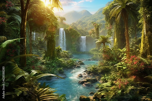 AI generated illustration of a lush tropical jungle filled with a variety of wildlife and foliage