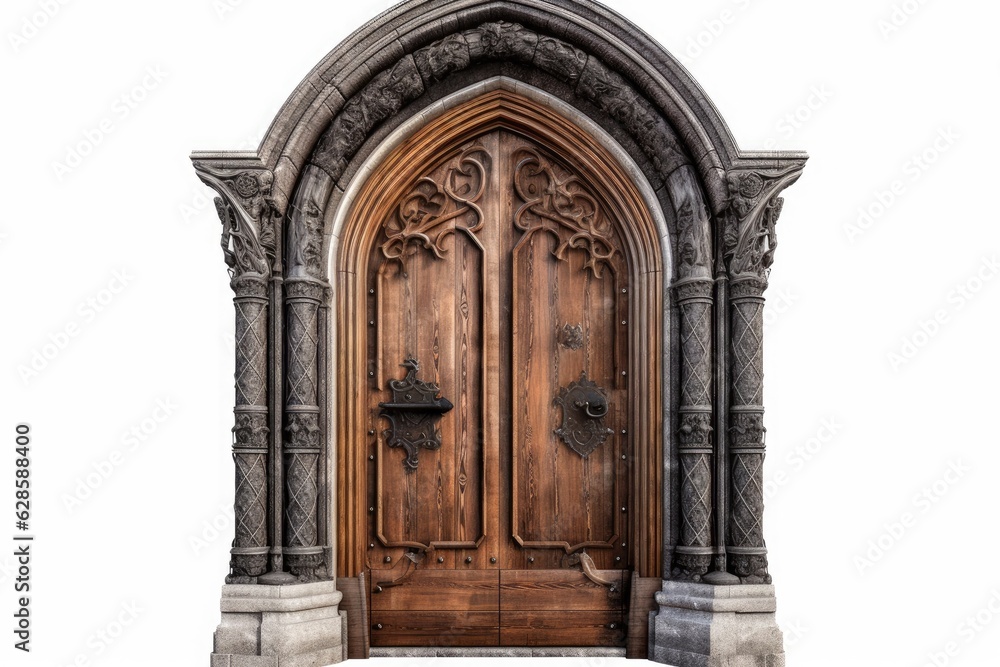 Gothic wooden door model in isolation on a white background. piece of ...
