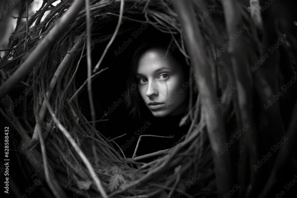 a black and white photo of a woman in a nest a black and white photo of a woman in a nest