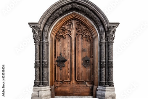 Gothic wooden door model in isolation on a white background. piece of design with a clipping path. Generative AI