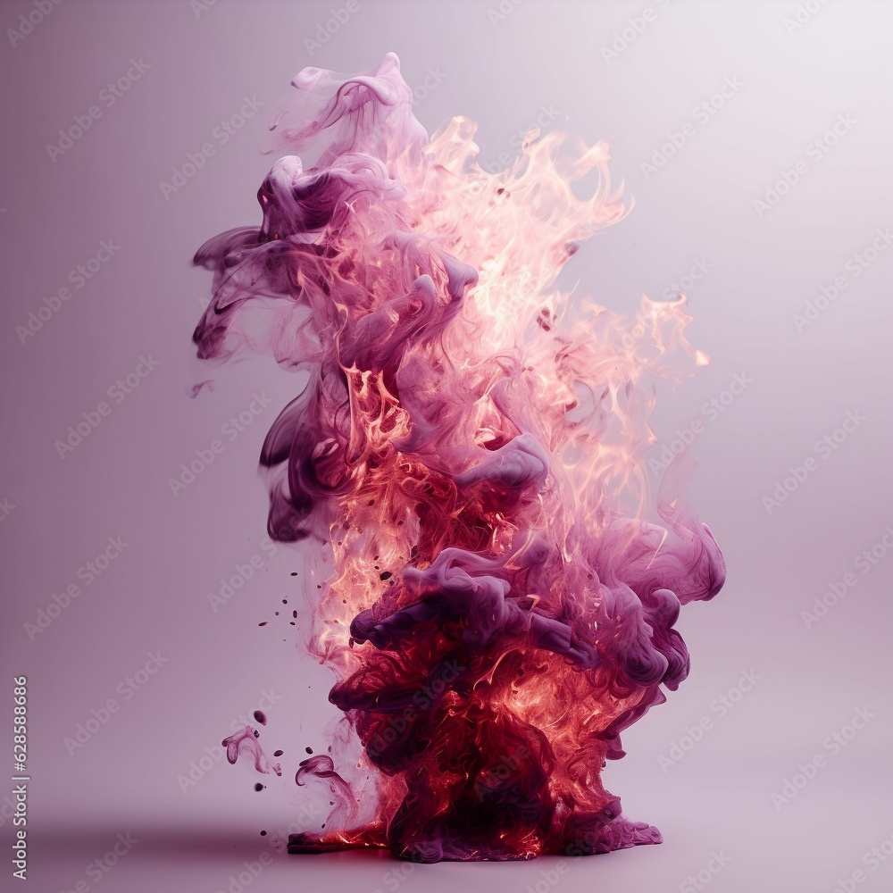 Vibrant pink-colored smoke in motion against a purple background, AI-generated.