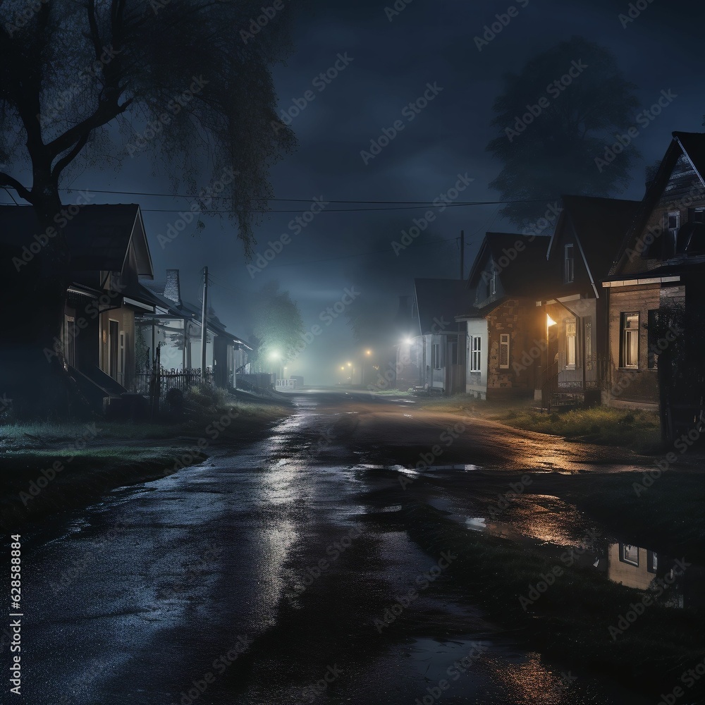 AI generated illustration of A nighttime view of an empty street in the middle of buildings