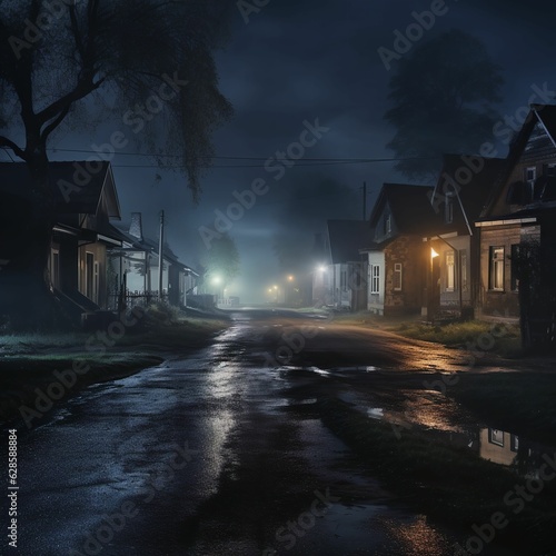 AI generated illustration of A nighttime view of an empty street in the middle of buildings