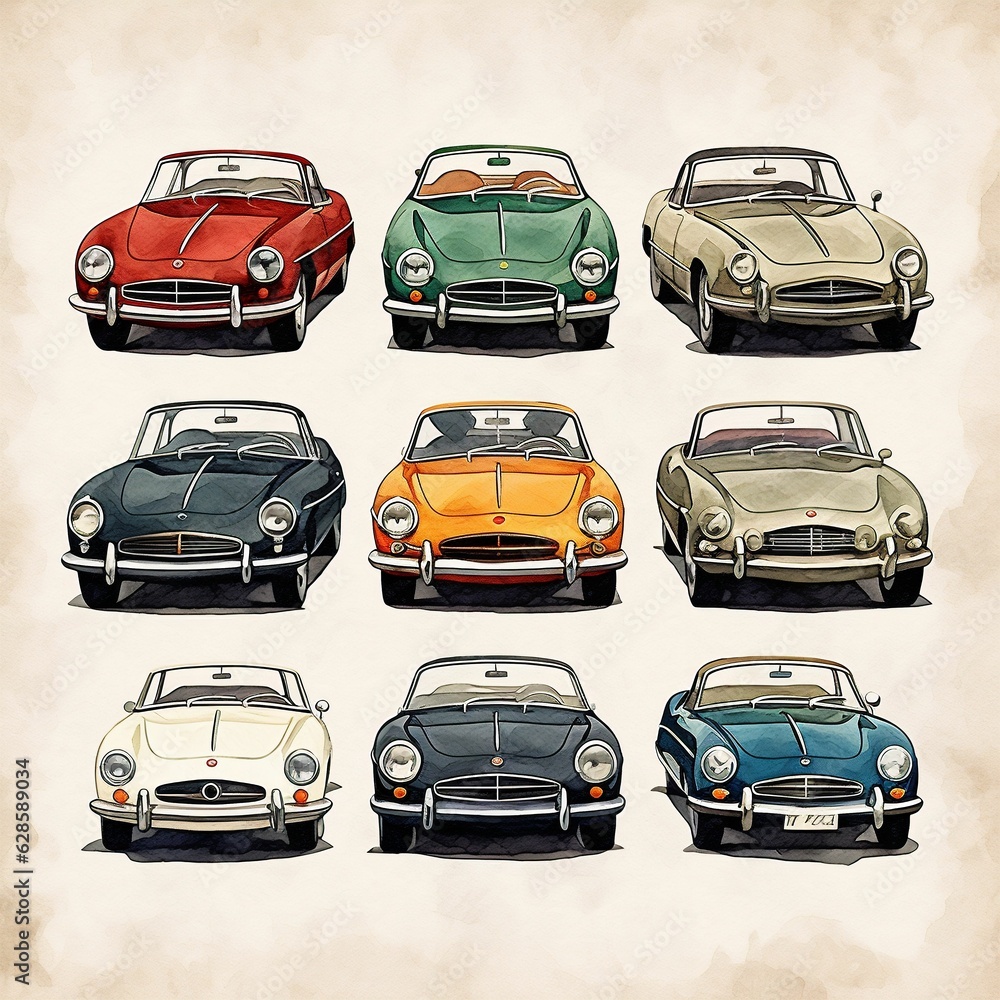 Vibrant collection of classic vintage cars on a white background. AI-generated.