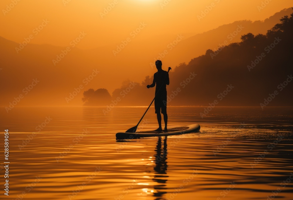 silhouette of a person on a stand up paddle board during sunset, backlight scene