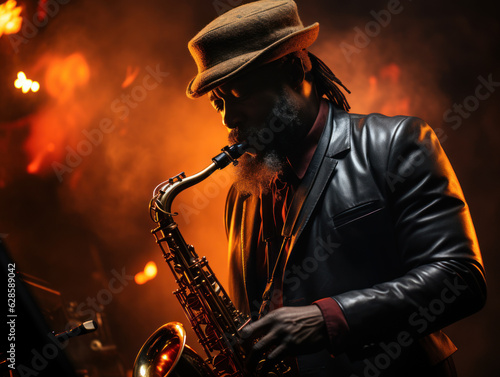 Harmonious Serenade: Talented Black Man Playing sax on a Beautiful Background. Generative AI