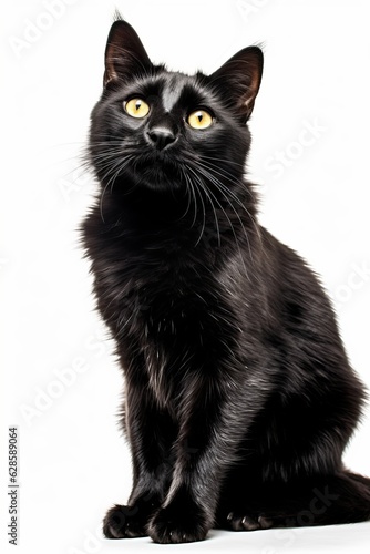 a black cat is sitting in front of a white background