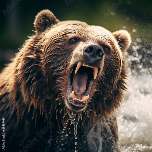AI generated brown bear roaring in water