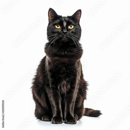 a black cat sitting down on a white background