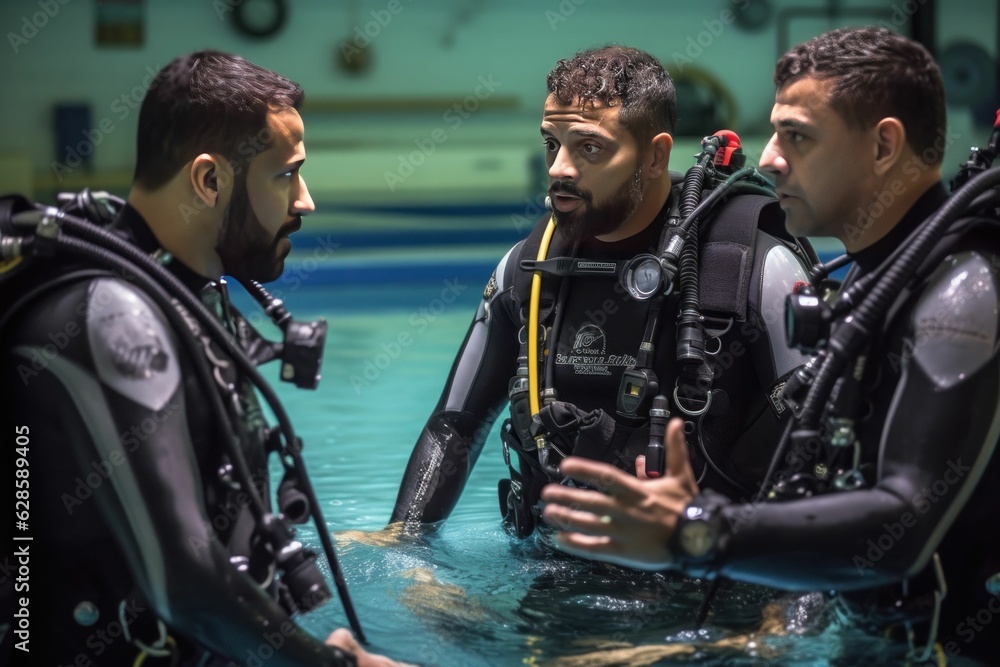 Three divers in black wetsuits conversing with one another in a body of water, AI-generated. Three divers in black wetsuits conversing with one another in a body of water, AI-generated.