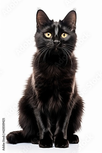 a black cat sitting in front of a white background