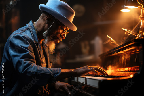 Soulful Serenade: Black Man Playing Piano on a Beautiful Background. Generative AI